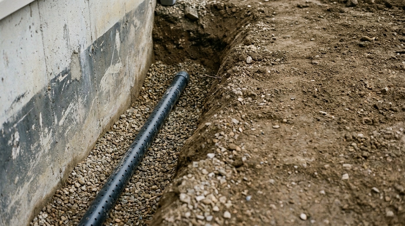 Drainage pipe installed in gravel-filled trench beside concrete foundation wall