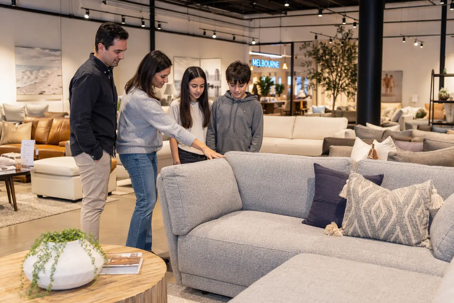 Family examining gray sofa in modern furniture showroom with decorative pillows nearby
