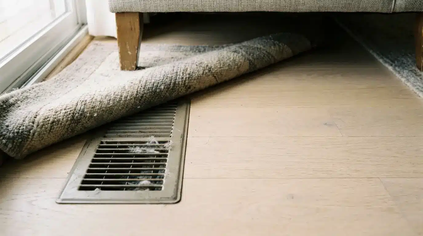 Floor heating register on wood flooring with sofa leg and rug corner pulled back to leave clearance