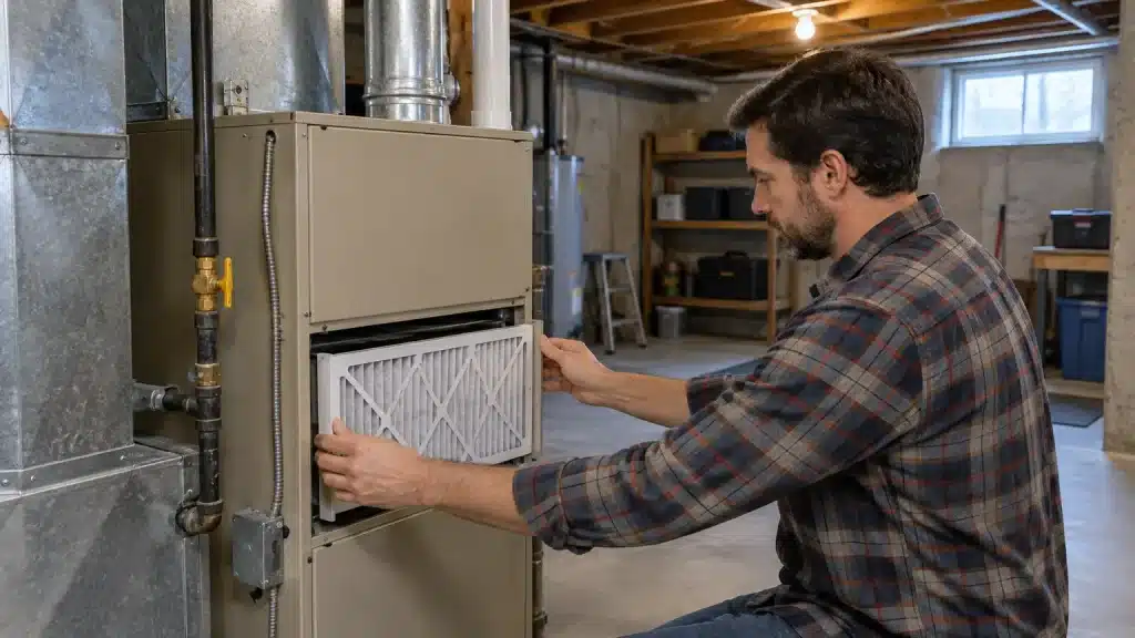 Man replacing a furnace filter in a basement with exposed pipes and concrete walls