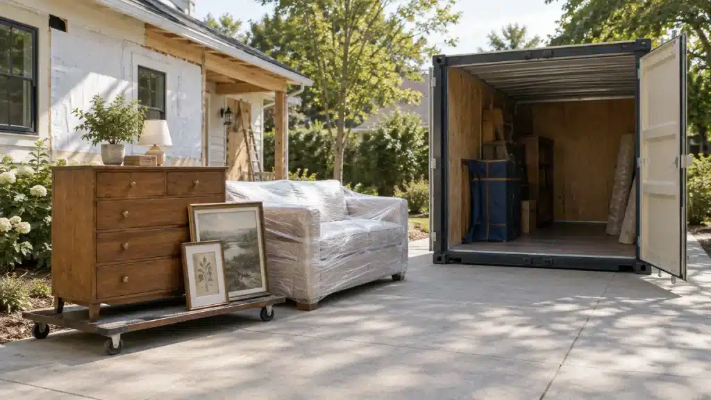 Furniture and framed art ready for moving into open storage container on driveway