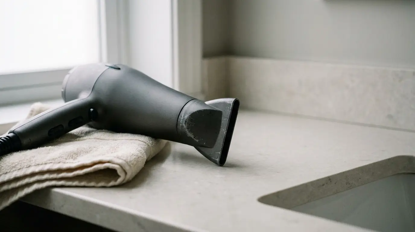Black hair dryer resting on beige towel on marble bathroom counter