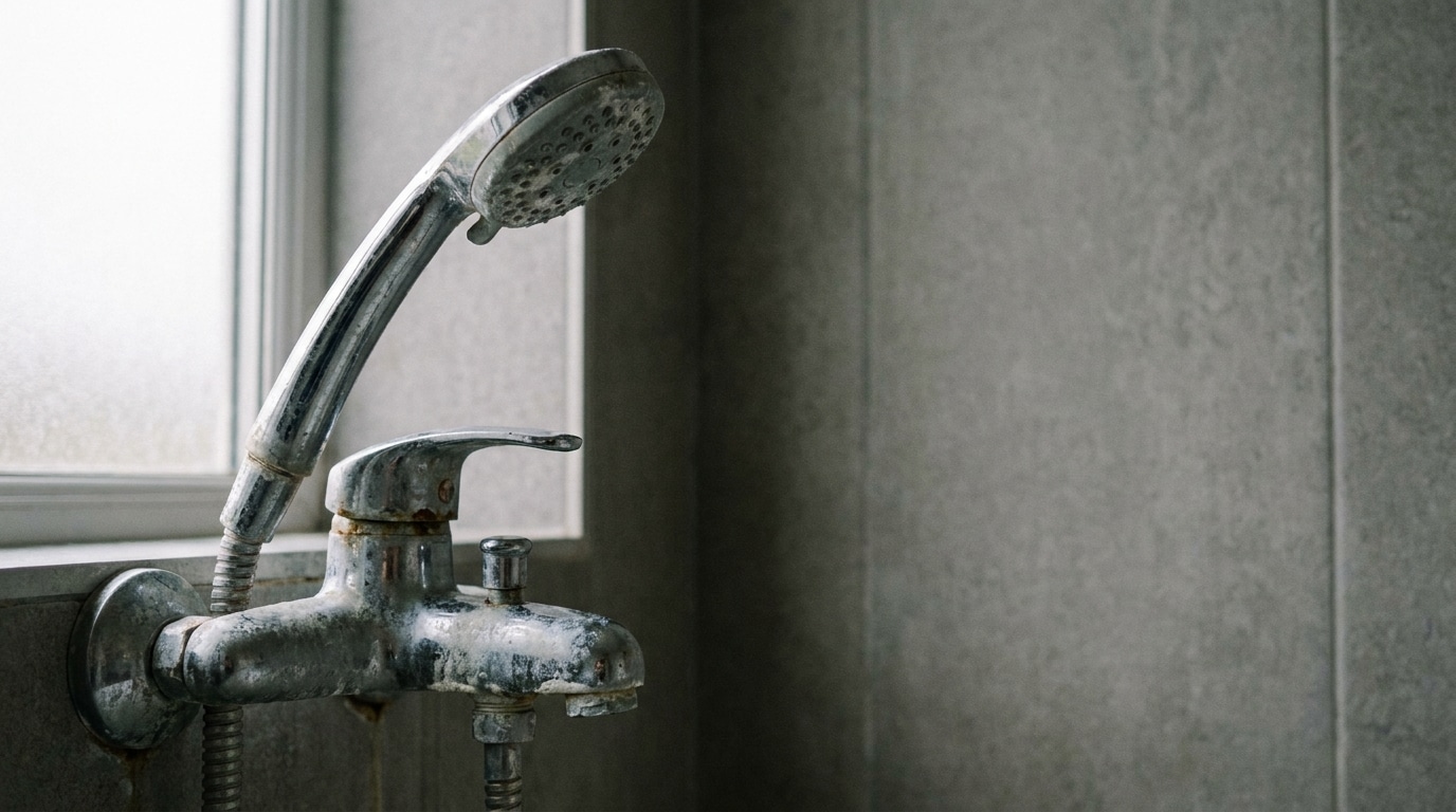 Metal shower head and faucet in tiled bathroom under soft natural light