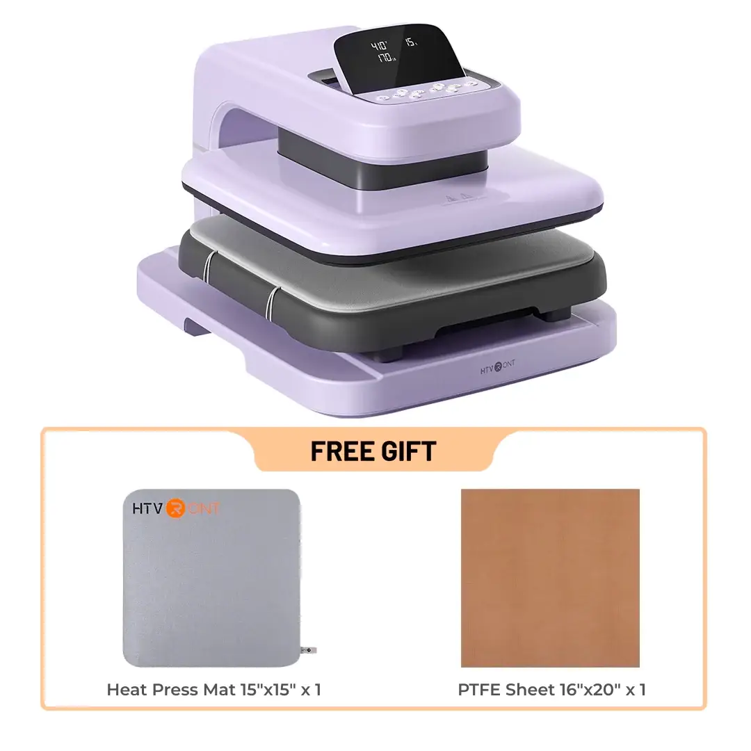 Purple heat press machine with digital display and free heat press mat and PTFE sheet included