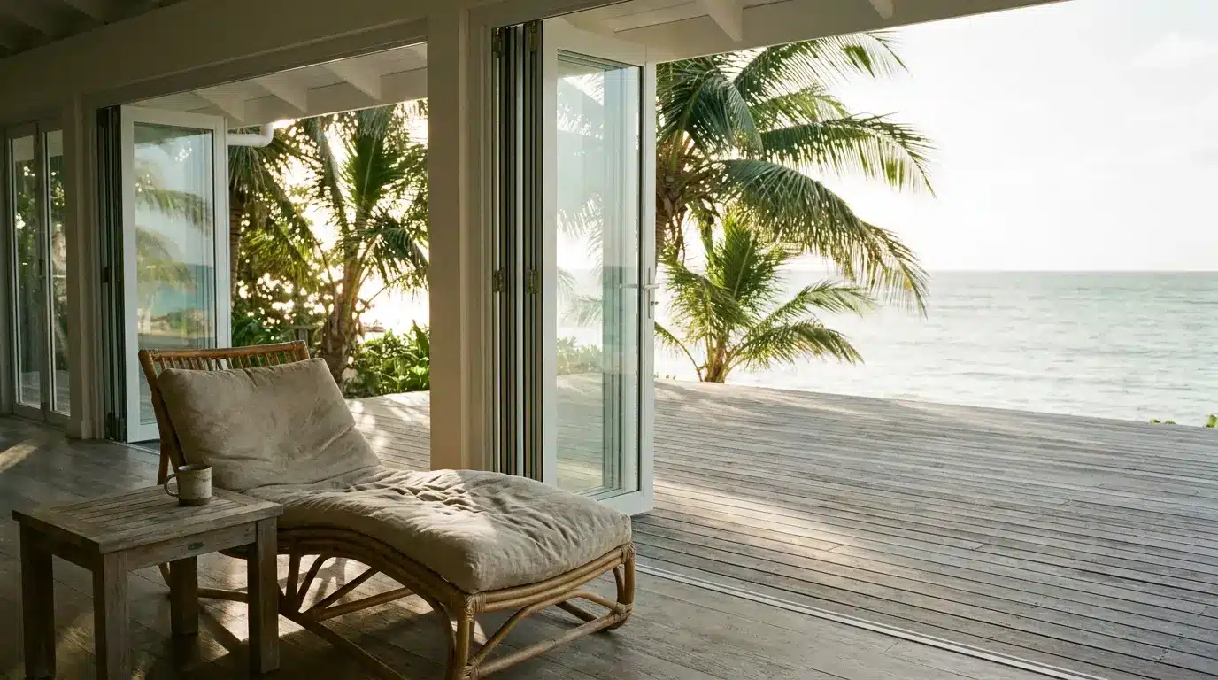 Rattan chaise lounge and small table on wooden deck overlooking ocean and palm trees