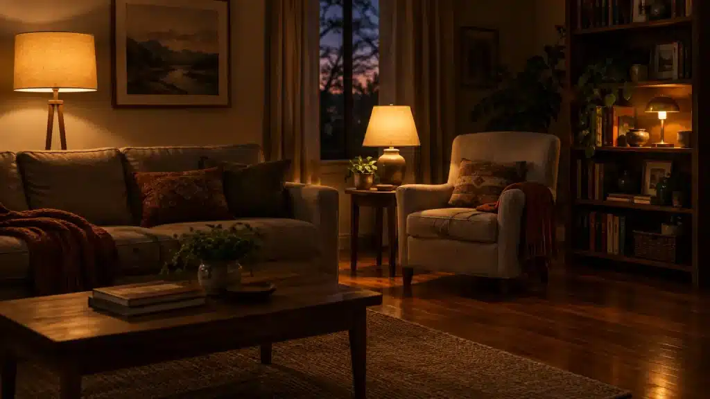Cozy living room with beige sofa and armchair, warm lighting, and wooden bookshelves at dusk