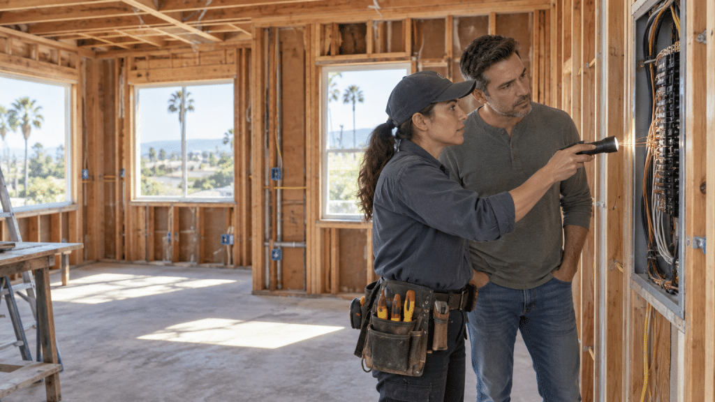 Electrician inspecting circuit panel with flashlight in unfinished room under construction