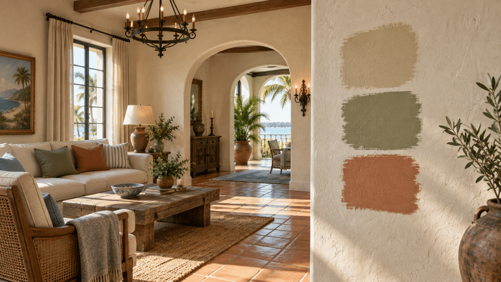 Sunlit living room with rustic furniture, large windows, and color swatches on a textured wall