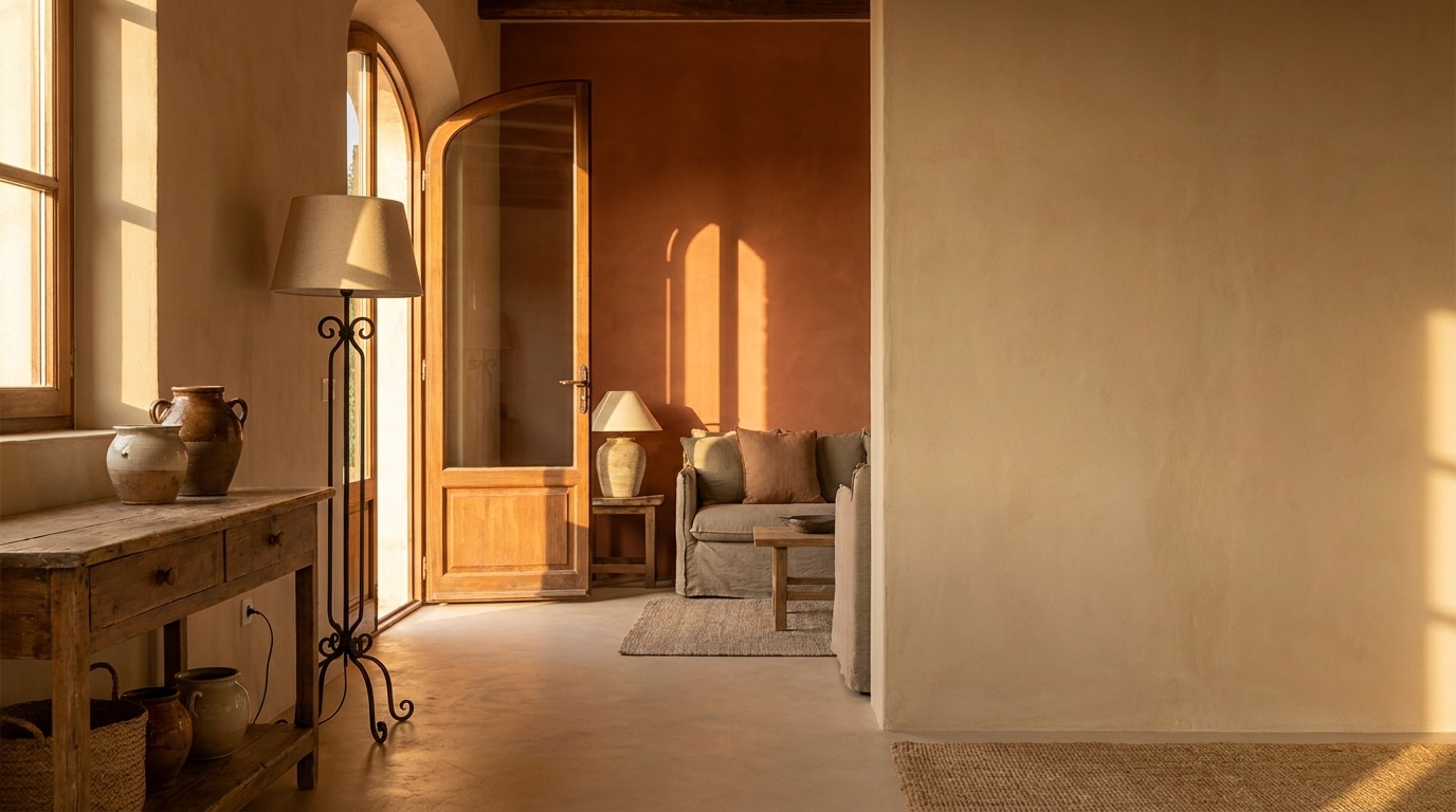 Warm rustic living room with terracotta walls, wooden furniture, and soft natural lighting