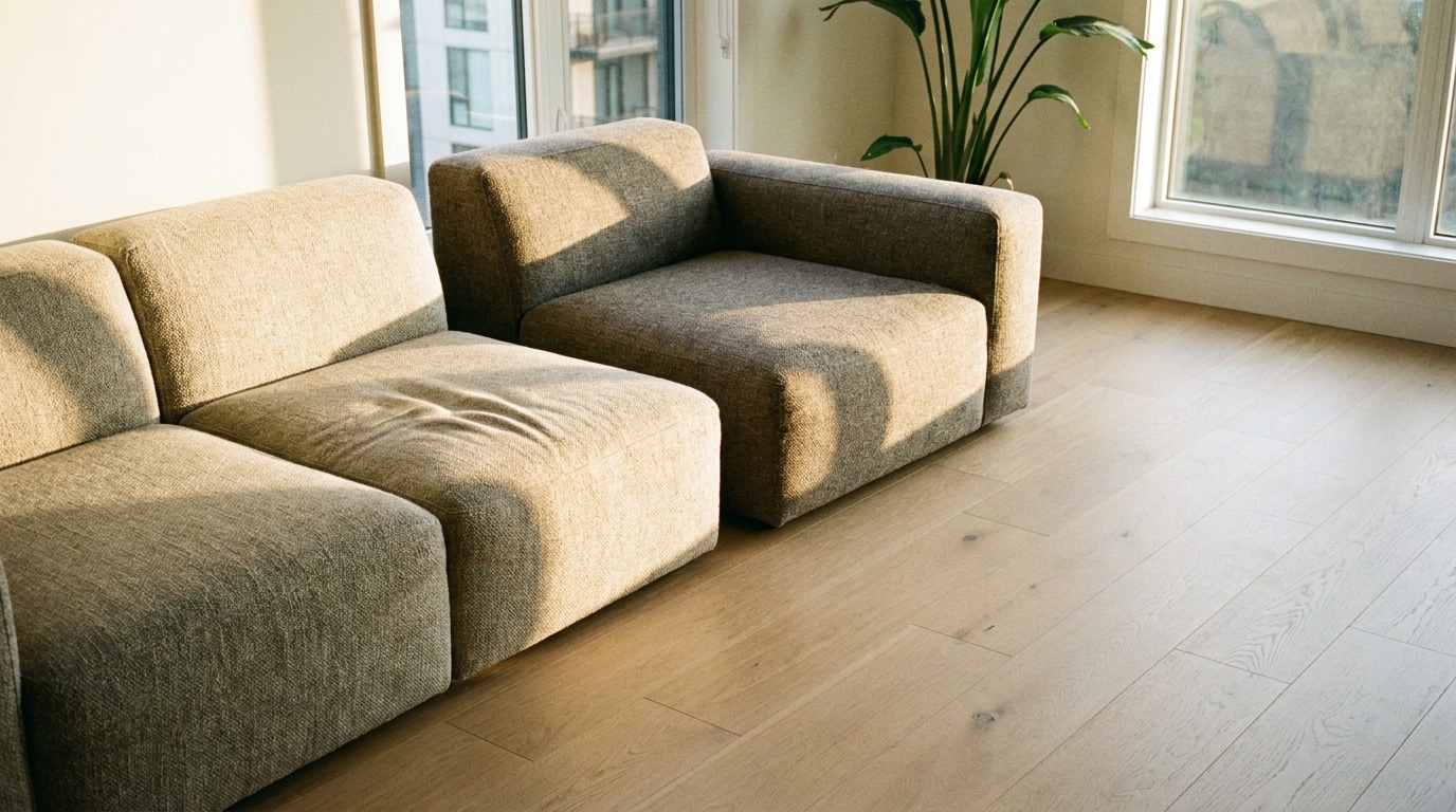 Beige sectional sofa in sunlit living room with wooden floor and potted plant