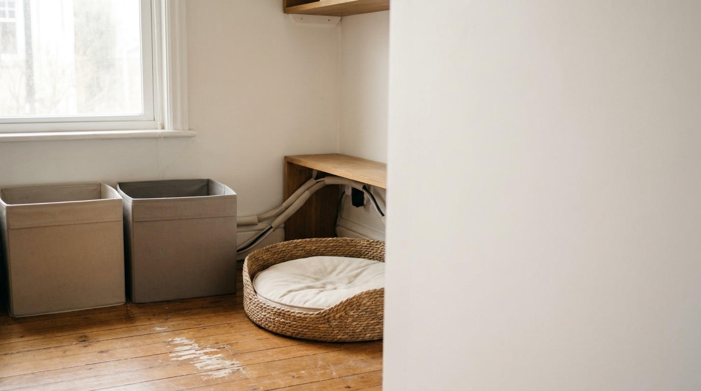 Cozy dog bed and two storage bins on wooden floor in bright room