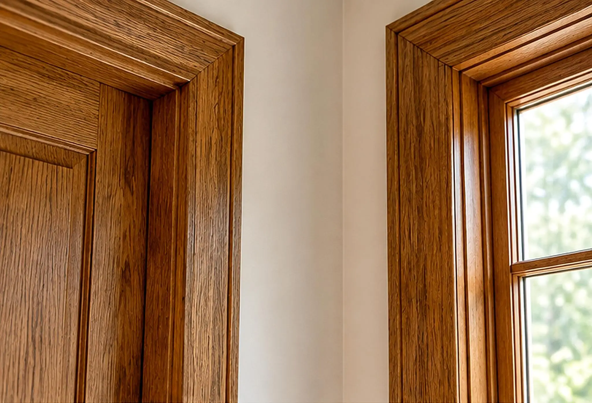 Wooden window and door frames in a corner under natural light indoors