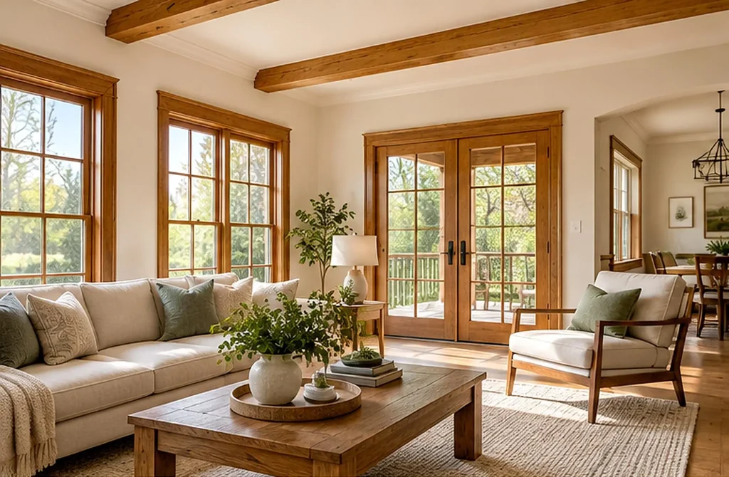 Neutral-toned living room with wooden beams, large windows, and cozy seating arrangement