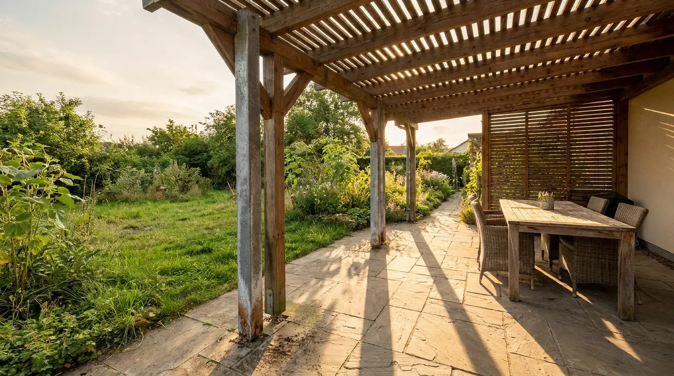 Wooden pergola over patio with wicker chairs and table in sunlit garden setting