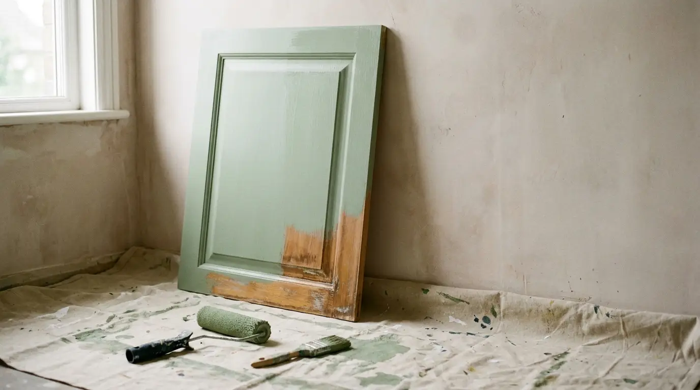 Green painted cabinet door drying on drop cloth with brush and roller nearby