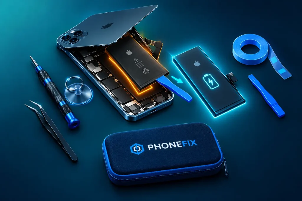 Smartphone battery replacement tools and parts on a dark blue surface