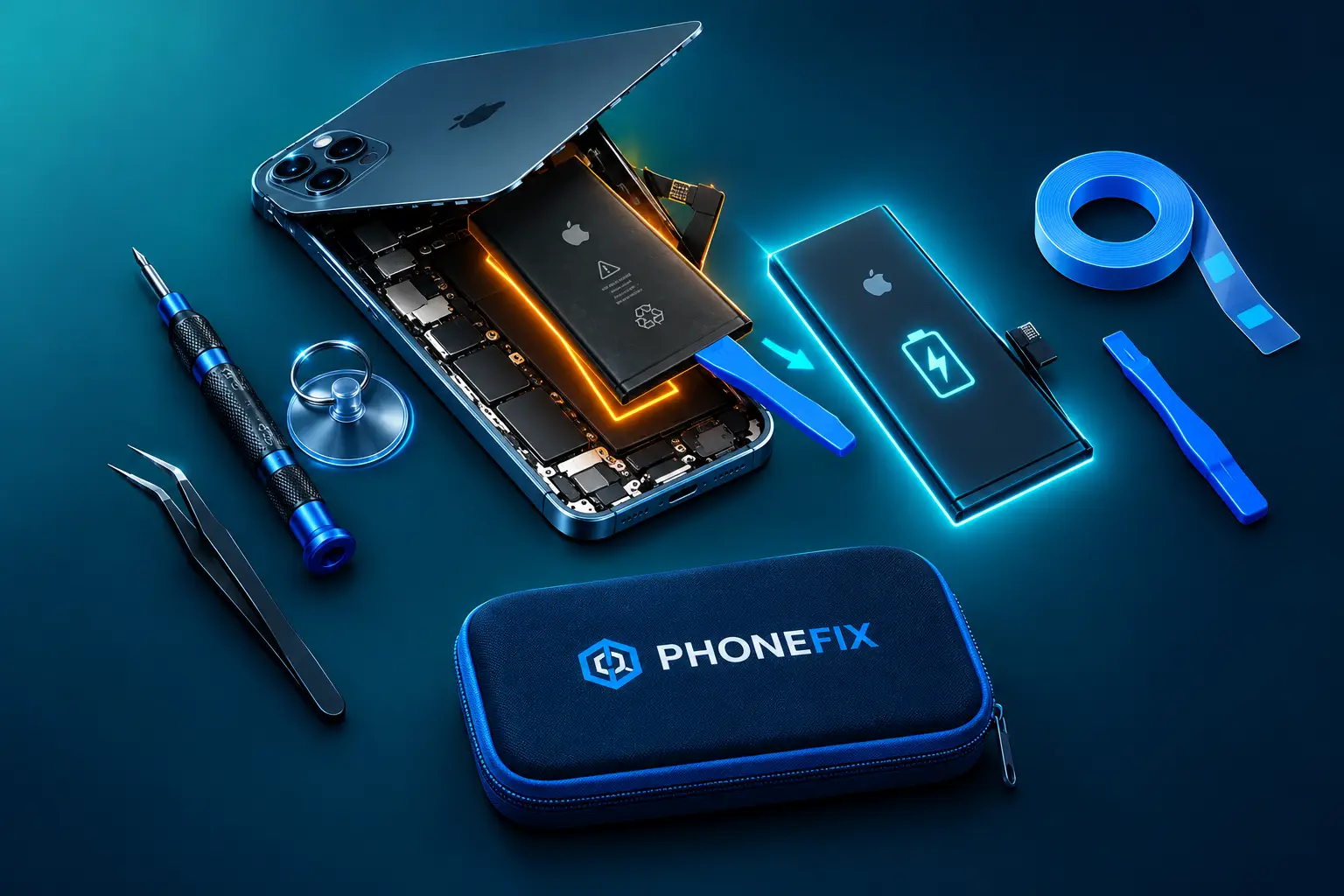 Smartphone battery replacement tools and parts on a dark blue surface