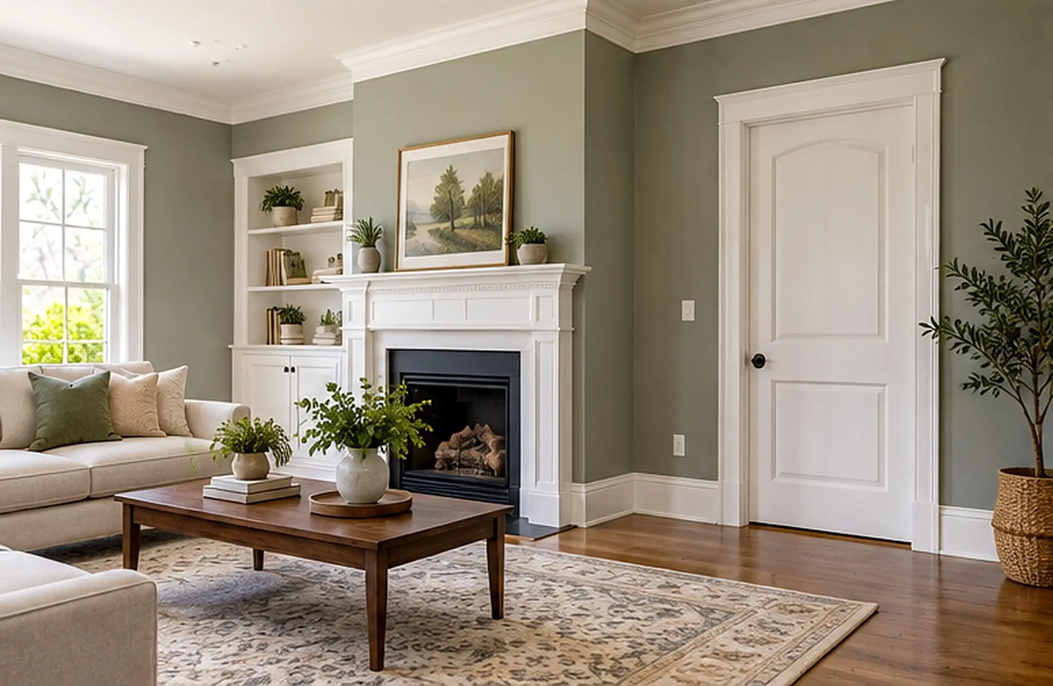 Living room with beige sofa, wooden coffee table, and green walls featuring fireplace and plants