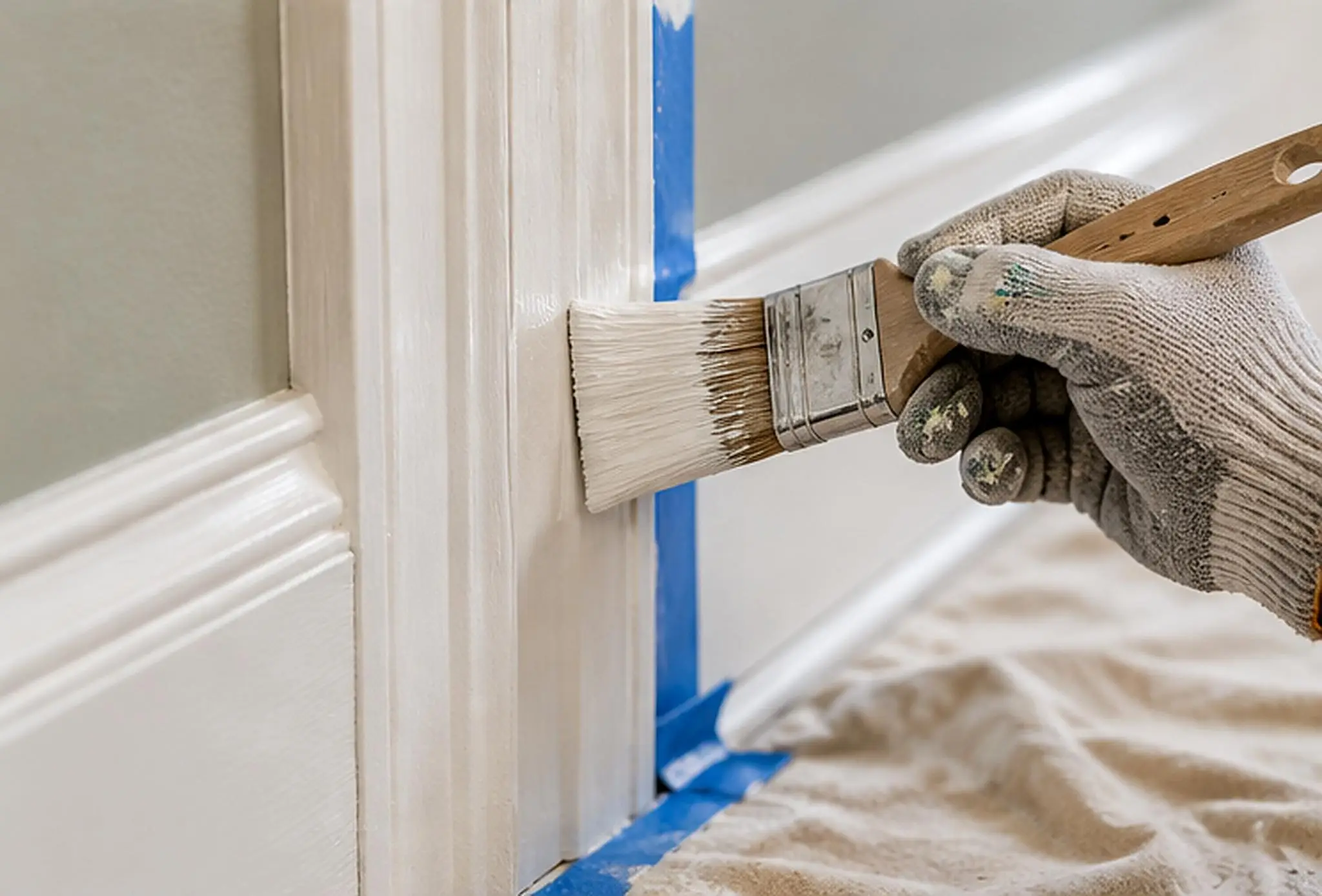 Hand painting white trim with brush in indoor renovation setting