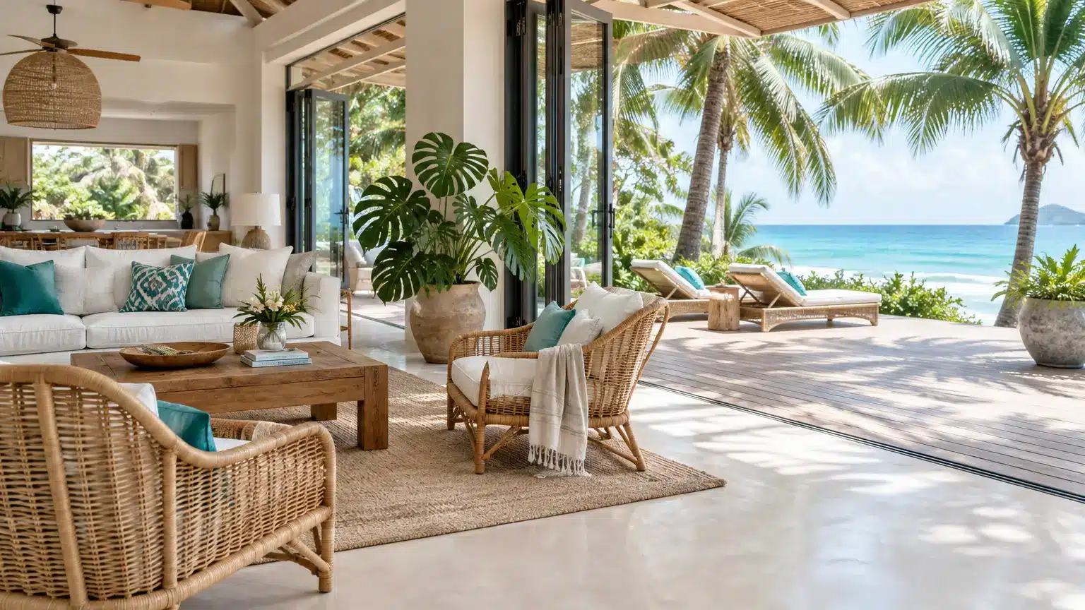 Tropical living room opening to beach with wicker furniture and lush plants