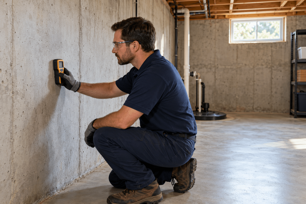 Man using moisture meter on basement wall in bright unfinished space wearing safety goggles